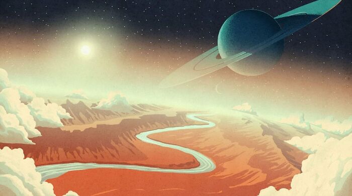Mysterious illustration of a winding river on a surreal alien landscape beneath a starry sky with planets.