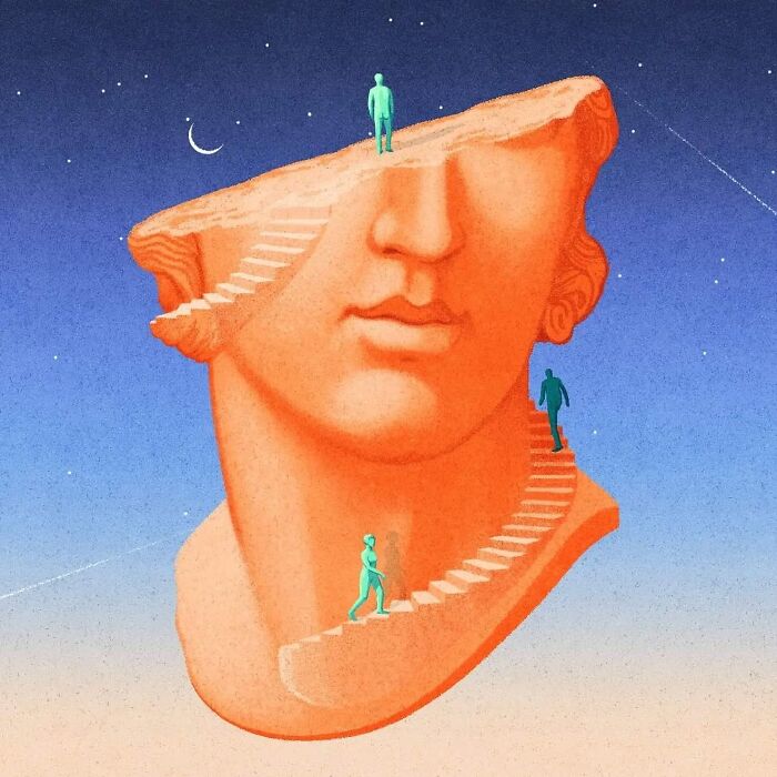 Surreal illustration by Myriam Wares featuring a giant head with staircases and figures under a starry sky.