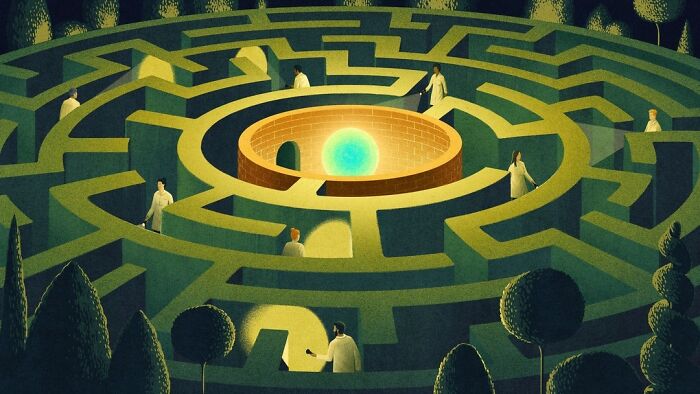 Mysterious illustration of figures navigating a glowing, circular maze with trees in the background.