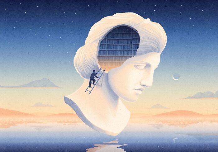 Mysterious illustration of a statue head with a ladder leading to a bookshelf inside, set against a serene landscape.