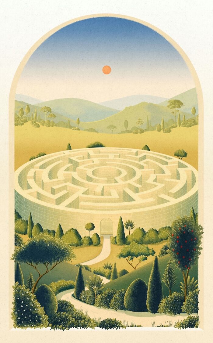 Mysterious illustration by Myriam Wares showing a surreal landscape with a circular maze and distant hills under a red sun.