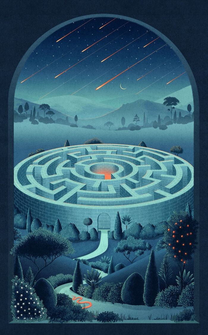 Mystical illustration of a nighttime labyrinth under a starry sky with meteors, created by artist Myriam Wares.