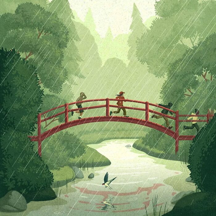 Illustration of people running on a red bridge in the rain, surrounded by lush, green trees.
