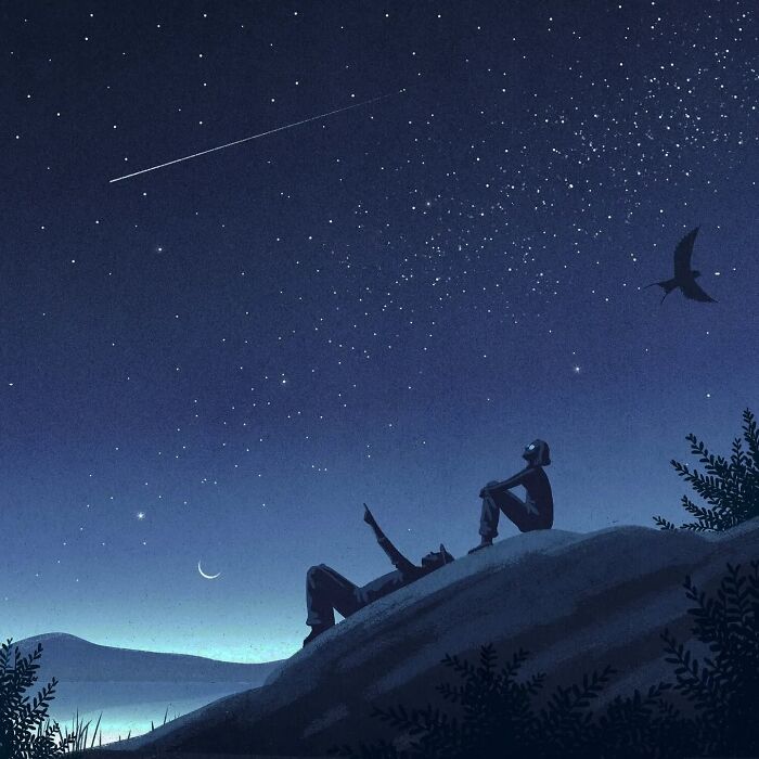 Two figures stargazing on a hill under a starry sky, with a shooting star above them. Mysterious illustration by Myriam Wares.
