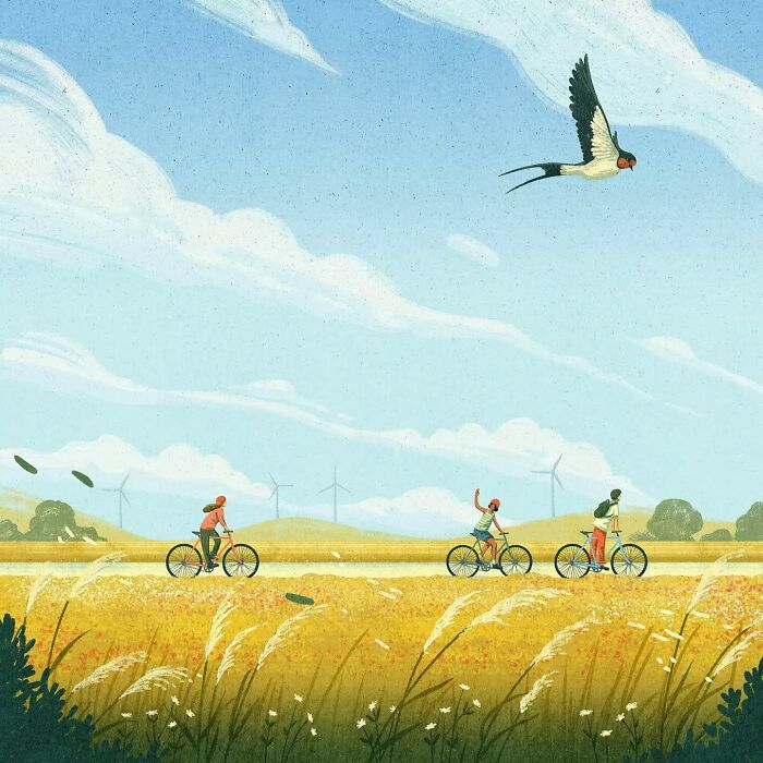 Three cyclists ride through a golden field under a clear sky with a bird soaring above, illustrating mysterious serenity.