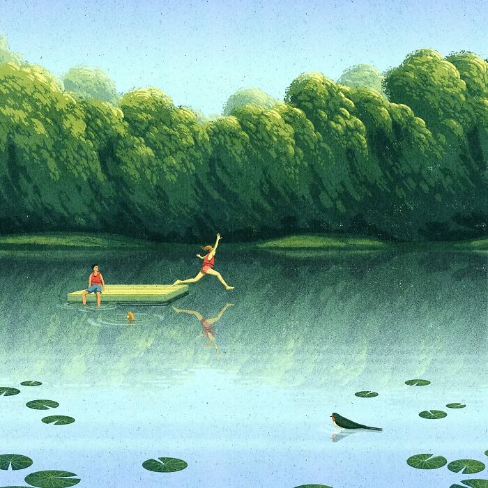 Mysterious illustration by Myriam Wares showing a person leaping off a raft on a serene lake surrounded by lush trees.