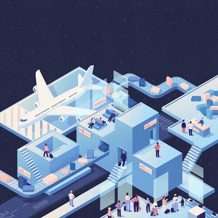 Mysterious illustration by Myriam Wares featuring an abstract airport scene with people, stairs, and luggage conveyor.