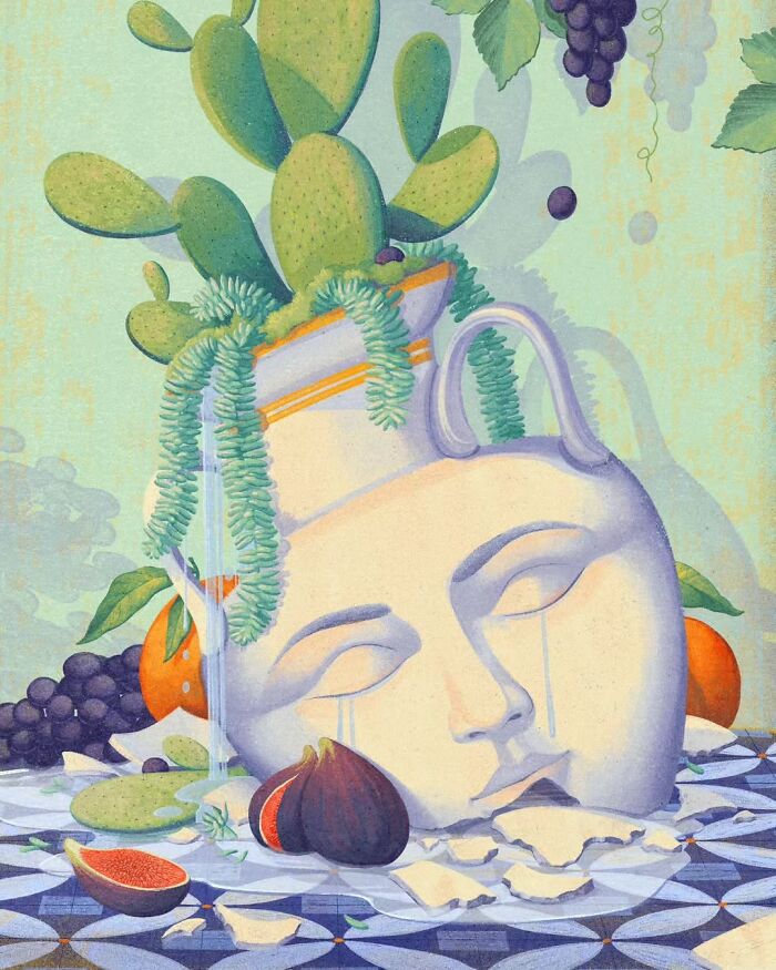 Mysterious illustration by Myriam Wares featuring a face-shaped vase with plants and fruits.