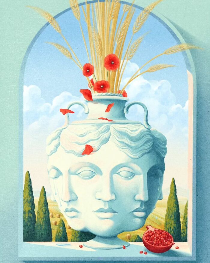 Mysterious illustration by Myriam Wares depicting a three-faced vase with wheat and poppy flowers, set against a scenic landscape.