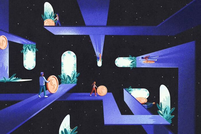 Mysterious illustration by Myriam Wares featuring people and large coins in an elaborate, surreal maze setting.