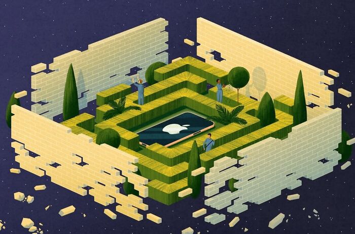 Mystical illustration by Myriam Wares featuring people in a maze with floating walls and a surreal atmosphere.