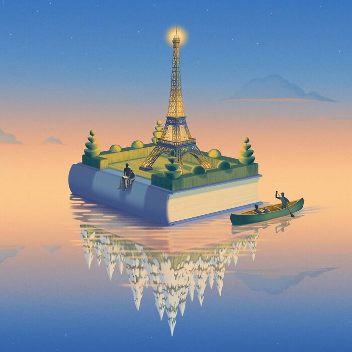 Mysterious illustration of Eiffel Tower on a book island, reflecting on water with a canoe nearby.