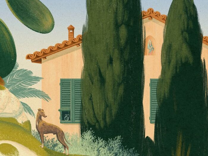 A mysterious illustration by Myriam Wares of a Mediterranean house with tall trees and a dog in the foreground.