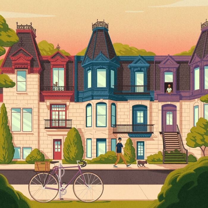 Colorful houses at sunset, a person walking a dog, and a bicycle in the foreground. Mysterious illustrations by Myriam Wares.