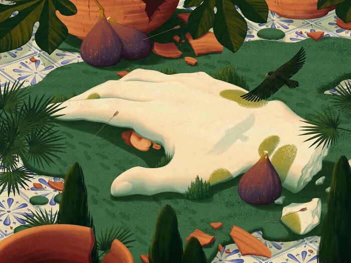 Mysterious illustration by Myriam Wares featuring a large white hand, figs, and a black bird in a lush landscape.