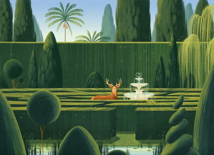 A mysterious illustration by Myriam Wares depicting a deer lounging by a fountain in a lush, green maze.