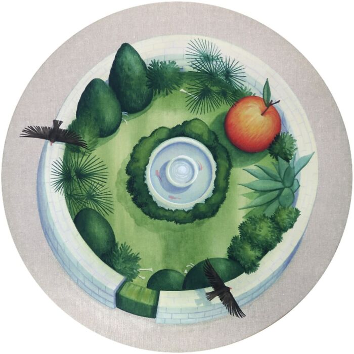 Mysterious illustration by Myriam Wares featuring a lush garden, central fountain, apple, and birds.