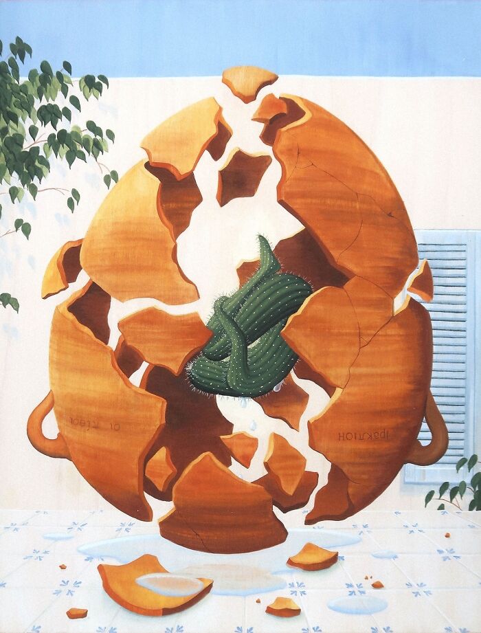 Mysterious illustration by Myriam Wares featuring a shattered pot revealing a green cactus inside.