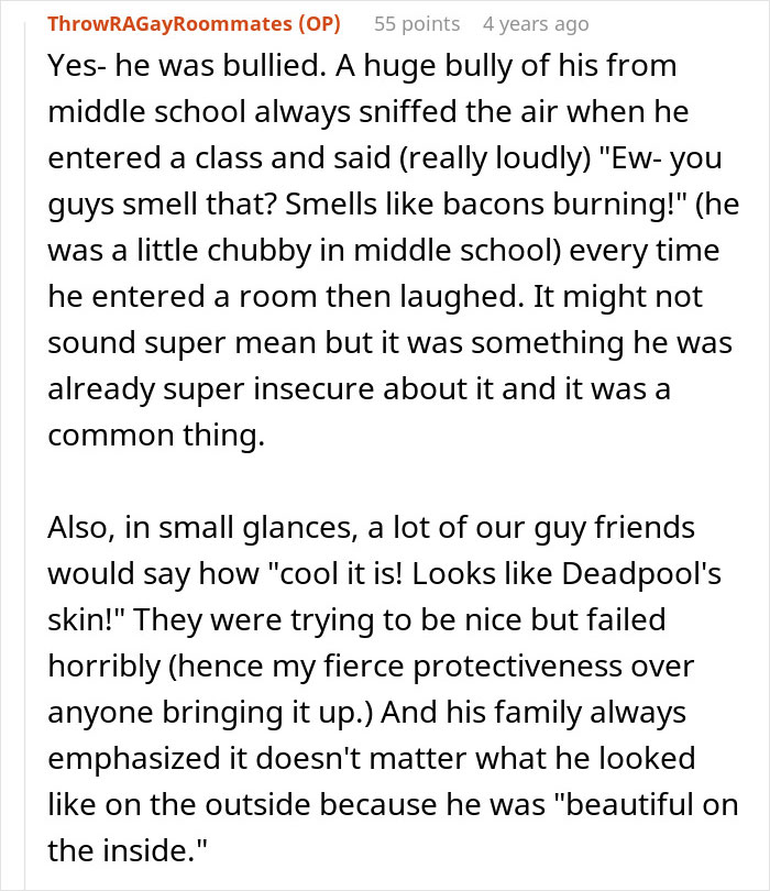 Image showing text about bullying, insecurities, and burn scars, with references to being "beautiful on the inside.