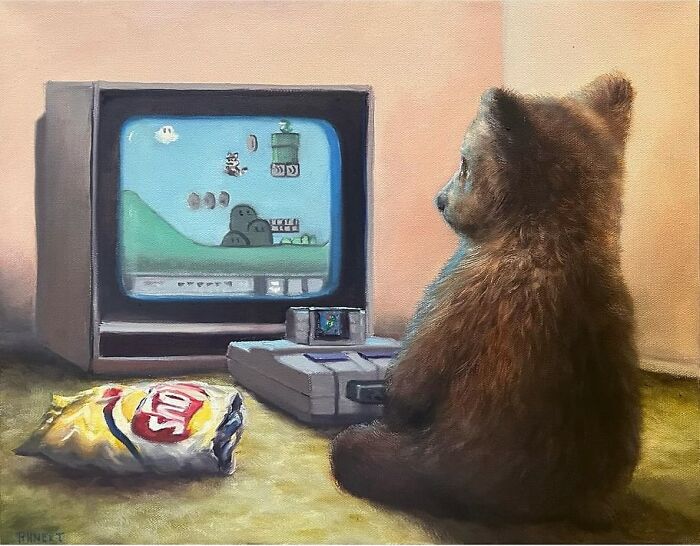 Anthropomorphic bear playing video games, sitting by a TV with a gaming console and chips bag.