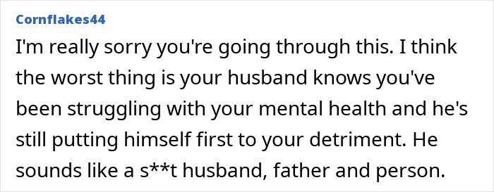 Comment criticizing husband prioritizing running over helping with parenting toddlers.