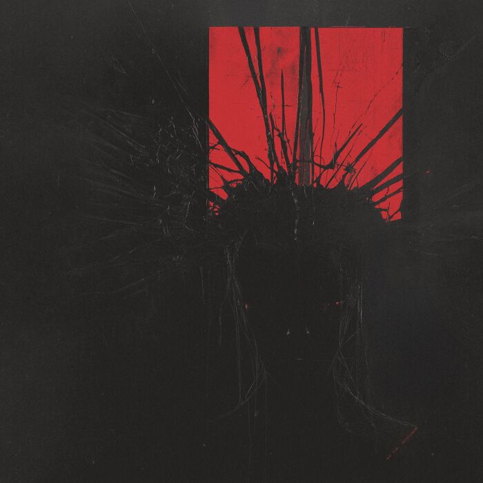 Eerie scenery painting with dark silhouette against a red background, inspired by industrial decay and folklore themes.