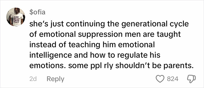 Comment criticizing "Big Boys Don’t Cry" parenting, highlighting emotional suppression and lack of emotional guidance. Comment criticizing "Big Boys Don’t Cry" parenting, highlighting emotional suppression and lack of emotional guidance.