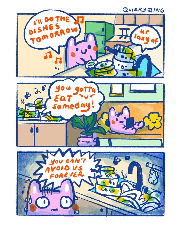 Illustration of a cute character procrastinating on doing dishes, with relatable expressions and humorous dialogue.