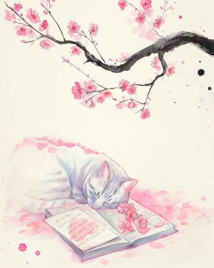 Dream-like painting of a cat sleeping on a book, surrounded by cherry blossoms and a branch above.