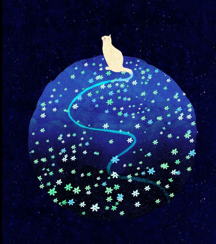A serene illustration by a Vietnamese artist depicting a cat on a floral night sky, evoking solitude.