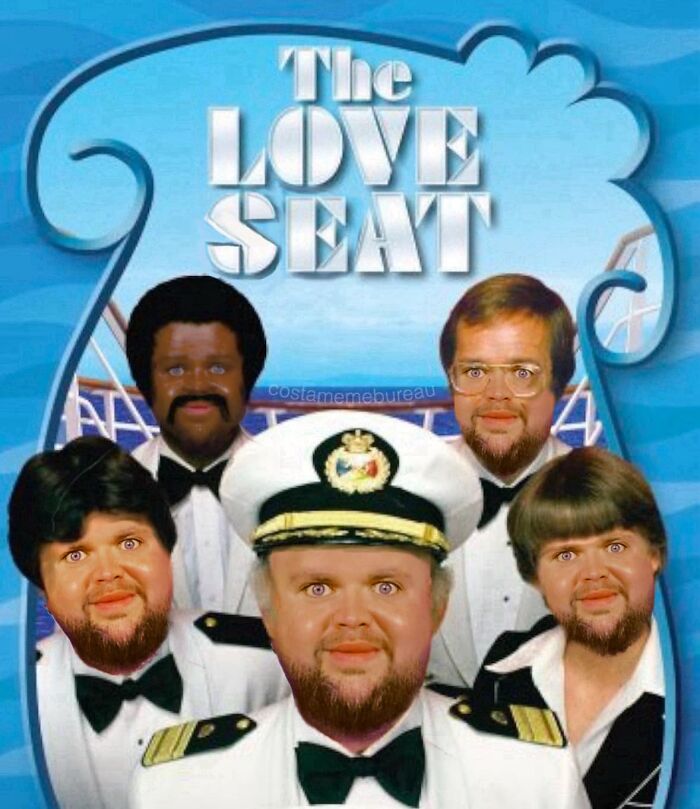 Funny meme of five men in naval uniforms with exaggerated facial features, captioned "The Love Seat."