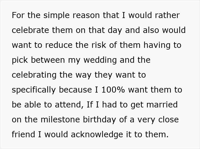 Text discussing red flags in a wedding dilemma about choosing between a friend's celebration and a wedding date. Text discussing red flags in a wedding dilemma about choosing between a friend's celebration and a wedding date.