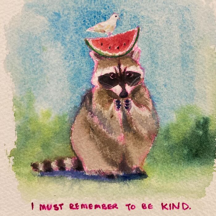 Sassy watercolor raccoon with watermelon hat and bird, embodying pop culture humor.