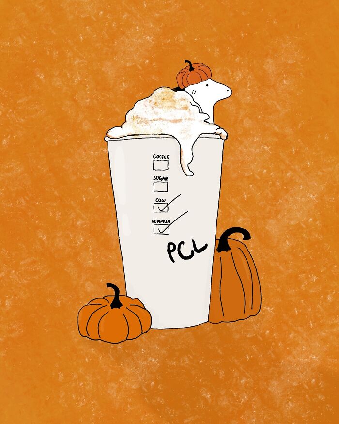 Illustrated cow peeking out of a pumpkin spice latte cup with pumpkins, highlighting funny cow content.