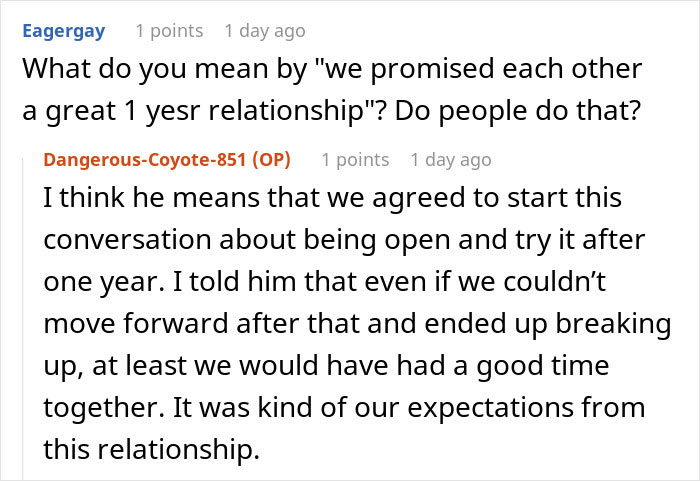 Reddit conversation about relationship expectations and opening up after one year.