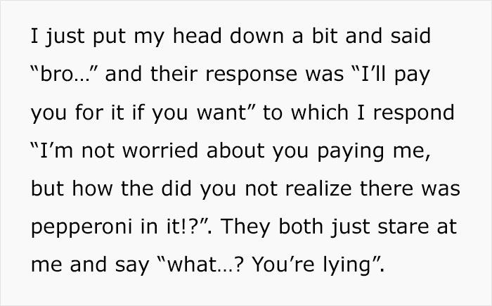 Text screenshot discussing pepperoni surprise in stuffed cheese bread. Text screenshot discussing pepperoni surprise in stuffed cheese bread.