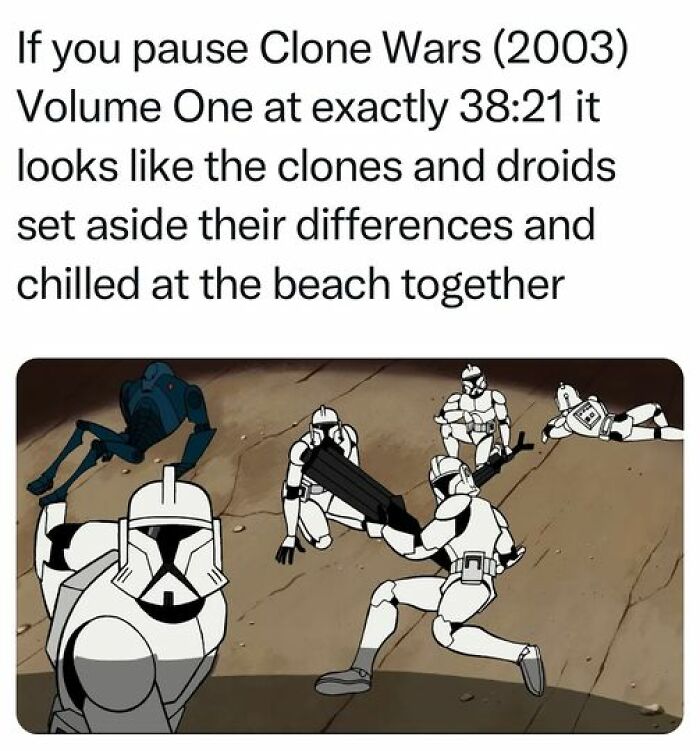 Clones and droids from old cartoons lounge together in a beach scene, evoking nostalgia.