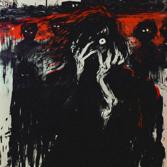 Eerie painting depicting dark figures, inspired by industrial decay and folklore, with red and black tones.