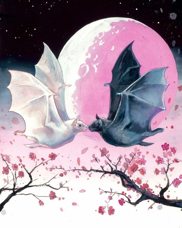Dream-like painting of two bats flying in front of a pink moon, surrounded by cherry blossoms.