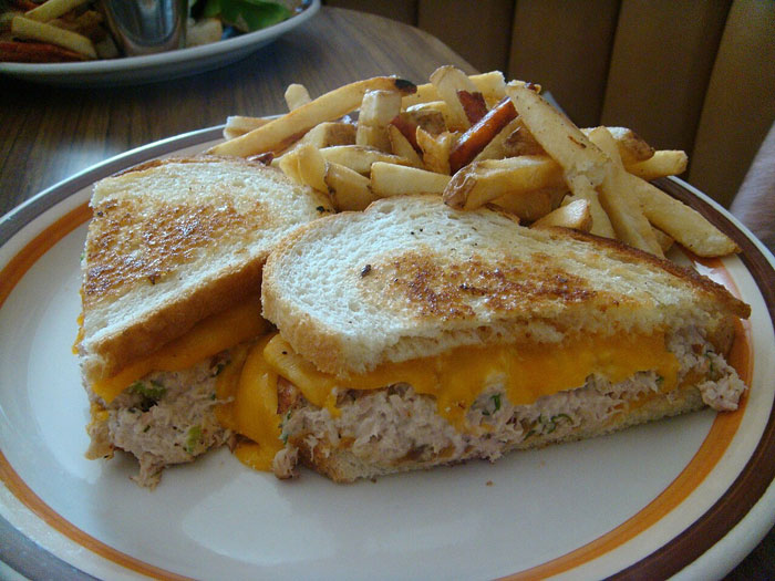 Grilled cheese and tuna melt sandwich served with fries, showcasing a delicious lazy meal idea.