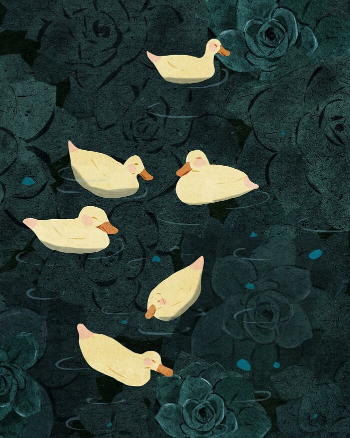 Serene illustration of ducks on water surrounded by dark floral patterns by a Vietnamese artist.