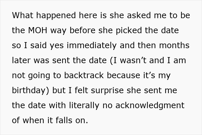 Text discusses potential red flags in MOH involvement for friend's wedding due to poor date communication. Text discusses potential red flags in MOH involvement for friend's wedding due to poor date communication.