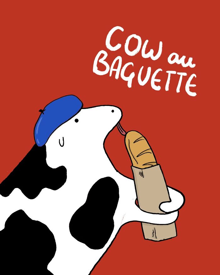 Cute cow illustration with a blue beret holding a baguette on a red background.