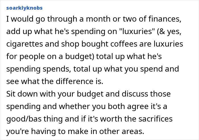 Text discussing budgeting issues about husband spending money on lunch and coffee as luxuries.