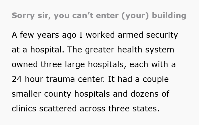 Worker enforces rule, blocking CEO's building entry, text story on malicious compliance in security setting.