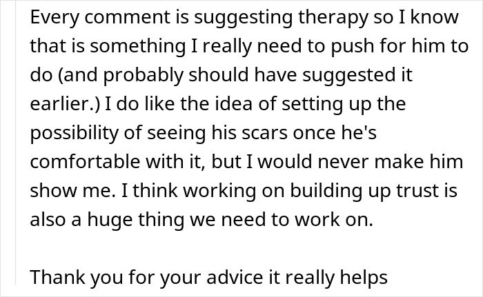 Text suggests therapy for dealing with boyfriend's burn scars, emphasizing trust-building and comfort.