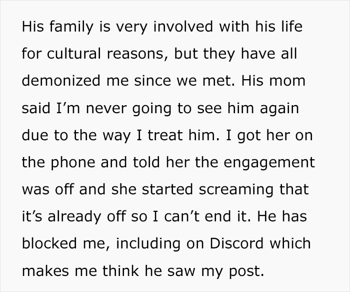 Text message describing a woman being gaslighted about an engagement and losing contact with a man and his mom.