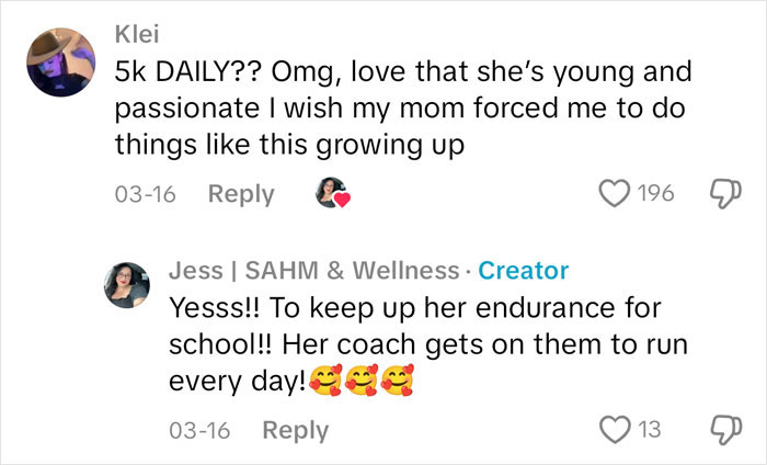 Comments discussing a mom supporting her daughter's 5k runs, sparking an important discussion about encouragement.