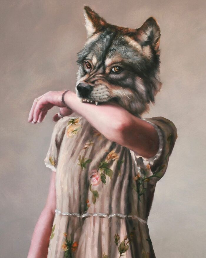 Anthropomorphic artwork of a wolf-headed figure in a floral dress by Richard Ahnert.