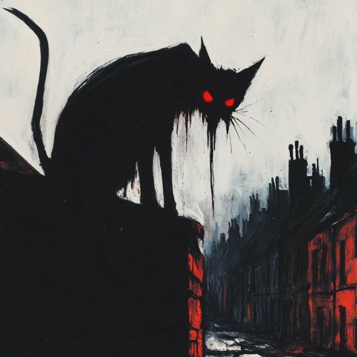 Eerie scenery with a dark cat silhouette, glowing red eyes, inspired by industrial decay and folklore.